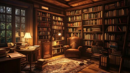 Warm Literary Study: Book-Lined Walls, Leather Chair, Evening Light