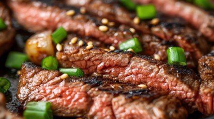 A perfectly grilled Korean-style beef Bulgogi, with thinly sliced marinated beef caramelized to perfection, served with fresh green onions and sesame seeds.