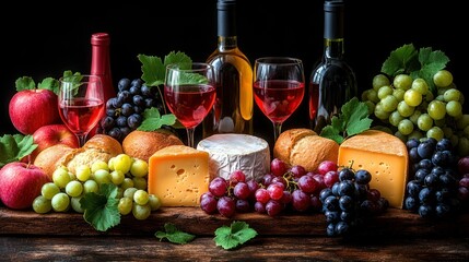Wine, Cheese, and Grapes Still Life: A Rustic Delight