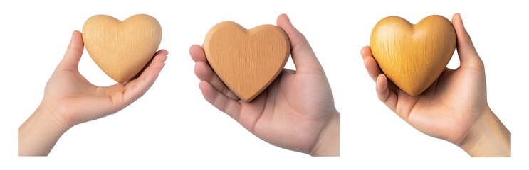 Obraz premium Wooden Heart in Hands Showcasing Love and Care Isolated on transparent background