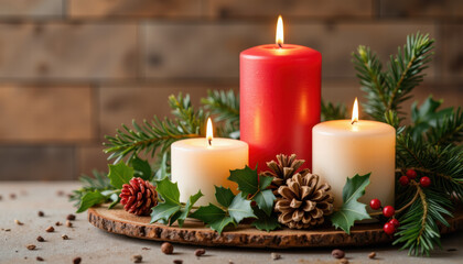 Festive Christmas Candle Arrangement with Red Accents