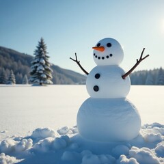 Obraz premium Snowman standing in a vast white expanse of untouched snow, peaceful, frozen wilderness, winter scenery snowman alone snowy landscape
