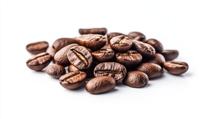 Naklejka premium Aromatic Pile of Coffee Beans - Symbol of Passion for Quality Coffee on White Background