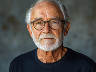 Elderly man silver hair beard wearing casual t-shirt confident expression lighting relaxed mature portrait senior gentleman thoughtful gaze aging gracefully wisdom 70 year old mockup face wise old
