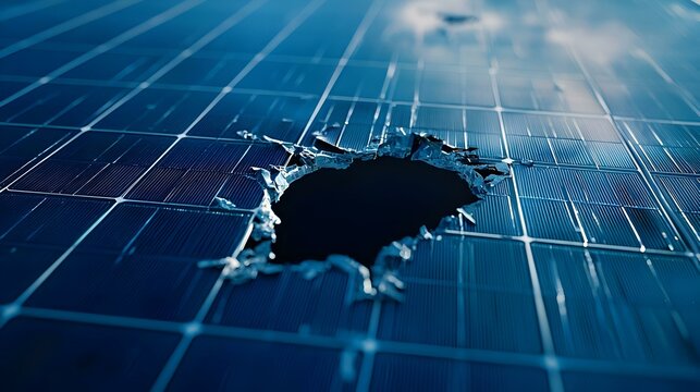 Broken destroyed cracked hole in solar panel - Powered by Adobe