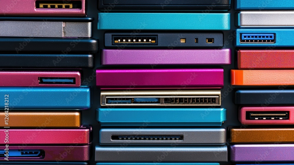 Poster a stack of usb flash drives in varying sizes and colors arranged neatly. copy space.