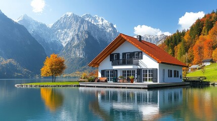 Fototapeta premium Idyllic Lakeside Home with Alpine Views A Serene Retreat in the Majestic Mountains and Refreshing Waterscape Scenery