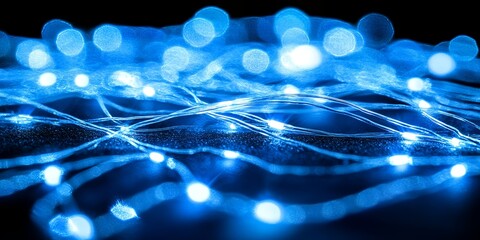 Abstract Blue LED Lights Bokeh String Lights Festive Illumination Dark Background Twinkling