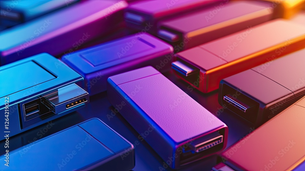 Poster a stack of usb flash drives in varying sizes and colors arranged neatly. copy space.