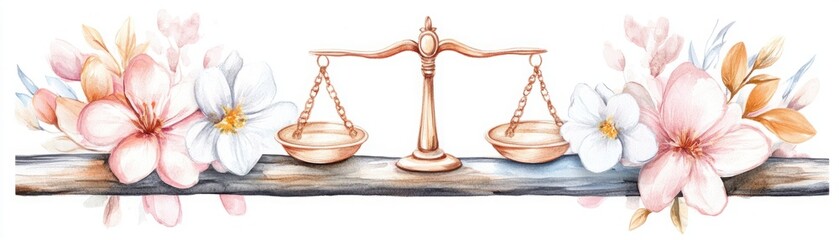 Elegant watercolor illustration of balance scales surrounded by beautiful flowers, symbolizing justice, equality, and harmony in nature with a soft palette.