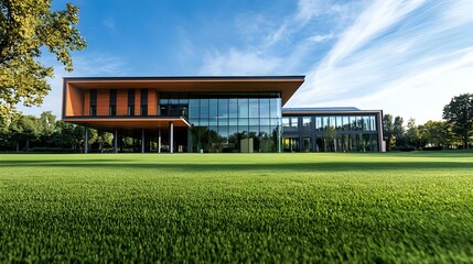 Fototapeta premium Modern solar panels on large building with green lawn