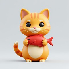 A cat holding red fish with its mouth. The background is grey and plain.
