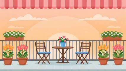 Obraz premium Create an Airy Balcony Adorned With Colorful Potted Flowers in a Serene Sunset Atmosphere. Generative AI