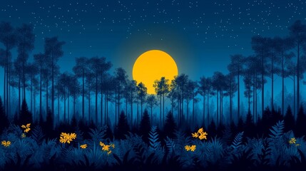 Naklejka premium Pixelated Forest Landscape with Glowing Fireflies and Full Moon Under Starry Night Sky in Retro Game Style Concept Art