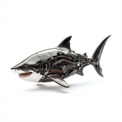 Fototapeta premium biomechanical shark with sleek metallic body showcases intricate design and engineering. This unique creature blends nature and technology