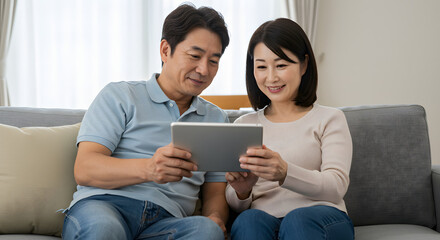 Obraz premium ソファでくつろぎながら、二人でタブレットを楽しむ夫婦 