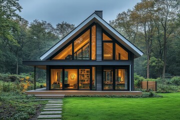 Modern dark grey and white gabled roof house in the Netherlands with large windows, wooden fence, and garden. Surrounded by trees, sunlight, and a path leading to the entrance.