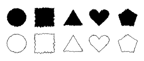 Jagged Geometric Forms. Black grunge frames. Square, heart, circle shaped with torn paper effect. Outline and solid set. Ripped shapes silhouettes isolated on white background. Vector illustration.