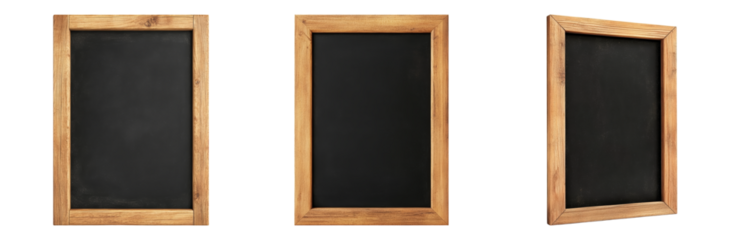 Three Wooden Frames with Blank Chalkboard Surfaces Isolated on transparent background