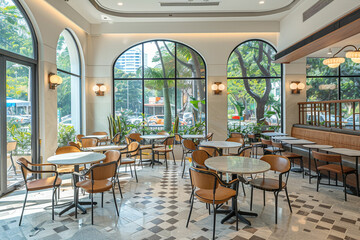 Obraz premium Scandinavian Style Bright Cafe with Large Windows and White Interior