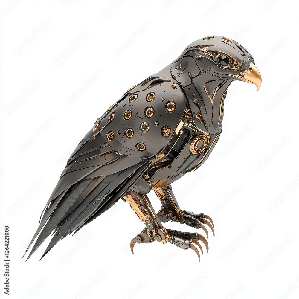 Poster robotic falcon with sharp metallic feathers and intricate details, showcasing blend of technology an