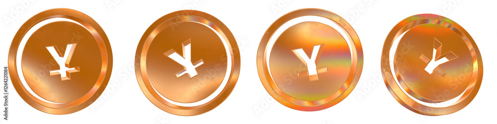 Poster set of 4 3d yuan solid coin shapes with golden and rainbow effects isolated on a transparent backgro