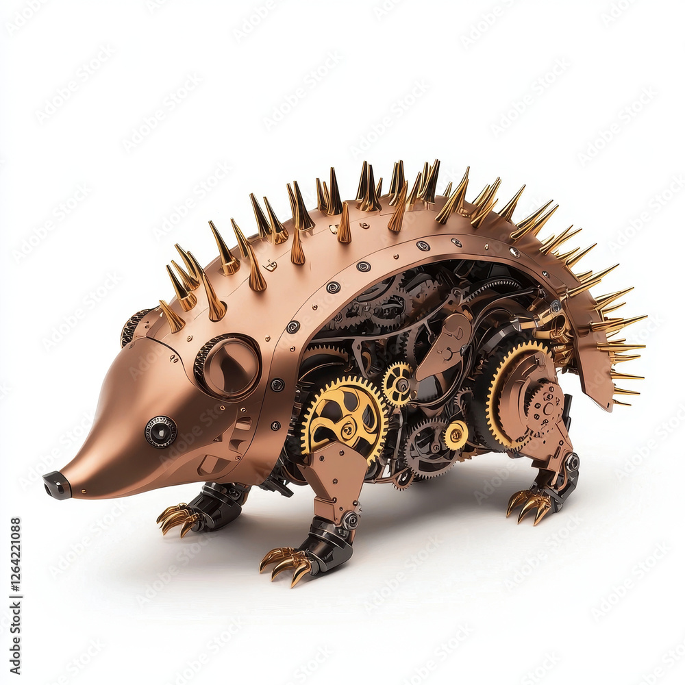 Poster robotic hedgehog with segmented metal spikes and intricate gears showcases blend of technology and n