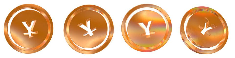 Obraz premium Set of 4 3d yuan solid coin shapes with golden and rainbow effects isolated on a transparent background. 3d elements for graphic design.