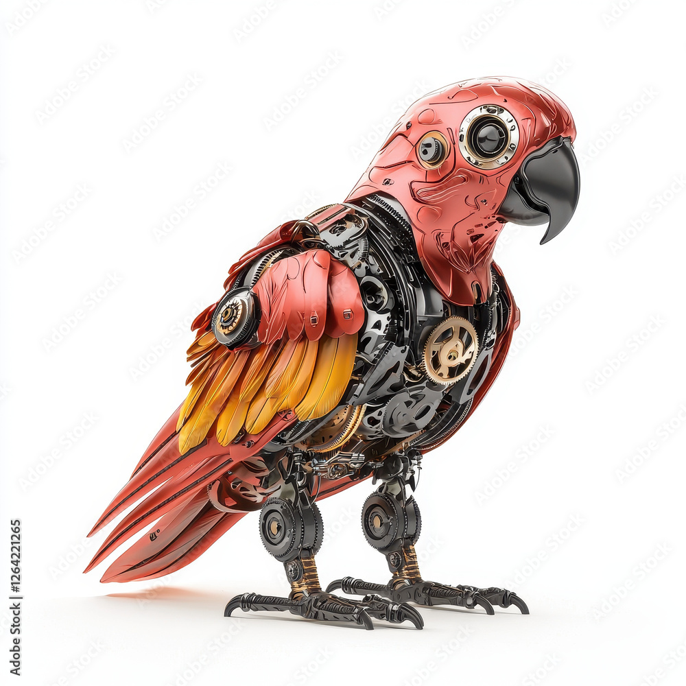 Poster robotic parrot with colorful metallic feathers showcases intricate design and engineering. its vibra