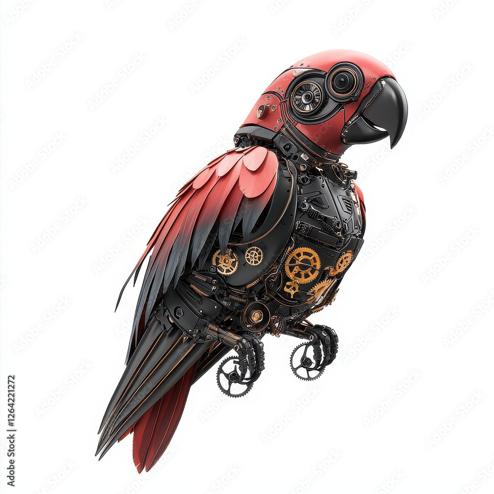 Poster robotic parrot with colorful metallic feathers, showcasing intricate gears and unique design