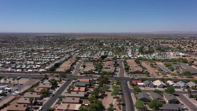 Afternoon aerial view of housing in Apache Junction, Arizona, USA.