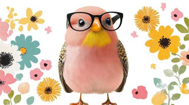 Smart Bird With Glasses Illustration Adorned With Colorful Flowers And Spring Time Charm Concept For Happy Events And Cute Card Designs