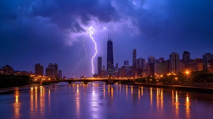 Obraz premium Powerful lightning bolt strikes chicago skyline urban landscape photography night view