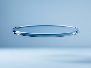 A levitating, clear glass disc against a light blue background.