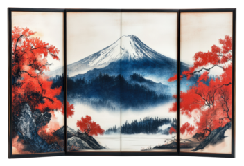 Mount fuji reflection japan triptych nature serene landscape isolated on transparent background