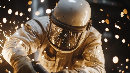 A skilled metalworker wearing a full protective suit, face shield, and gloves, using an angle grinder on a steel beam, with bright sparks flying in all directions.