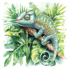Illustration of chameleon is relaxed and serene in its jungle home