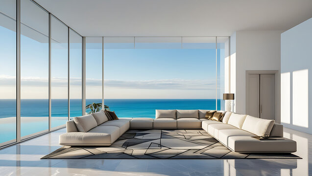 Luxury architecture, ocean front property landscape. Modern living room interior design with sleek contemporary designer furniture, minimalist decor large windows, panoramic coastal view background