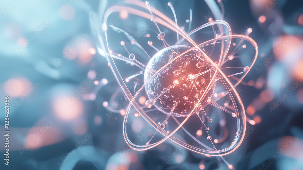 Poster abstract representation of quantum energy surrounding atomic particle, showcasing vibrant colors and
