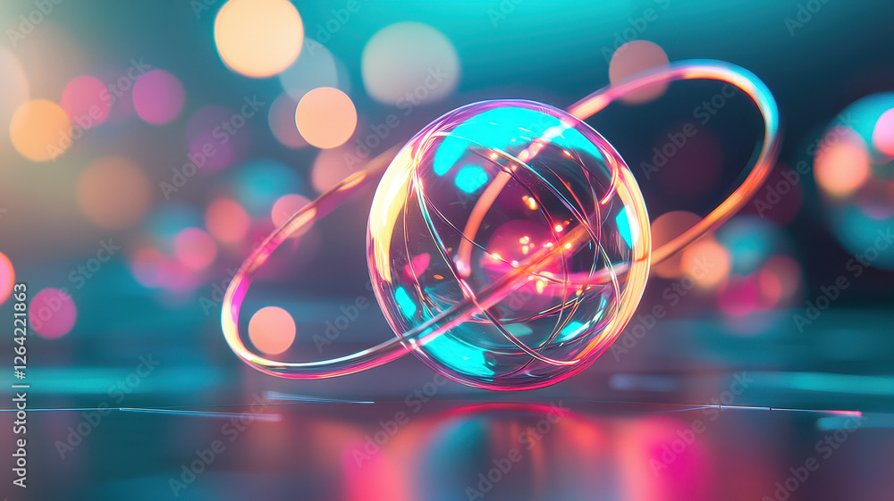 Poster vibrant abstract visualization of atomic structures with glowing spheres and rings, creating sense o