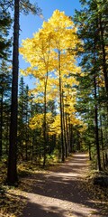 Fototapeta premium A serene forest path lined with tall trees showcasing vibrant yellow leaves against a clear blue sky.