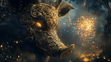 Mystical boar head adorned with ornate mask glowing amber eyes surrounded by floating golden embers deep forest atmosphere fantasy mythology divine guardian ethereal creature shamanic wallpaper art