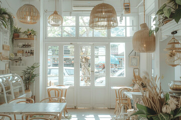 Bright Modern Cafe Interior with Wide Windows and Natural Light