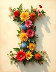 letter, I, floral, flowers, vibrant, colorful, artistic, elegant, design, organic, natural, red, yellow, pink, blue, white, blooms, green, leaves, accents, beige, background, soft, texture, warm, intr