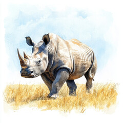 Fototapeta premium Rhino with great power, walking proudly in field