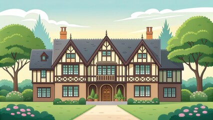 Naklejka premium Impressive Tudor Style Mansion Surrounded by Vibrant Greenery at Midday. Generative AI