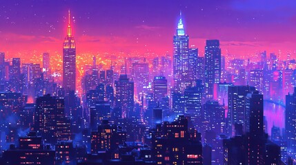 Obraz premium Vibrant Nighttime Cityscape Illuminated by Luminous Lights with a Striking Purple Sky Creating a Dreamy and Enchanting Urban Atmosphere Capturing the Essence of Nocturnal Beauty