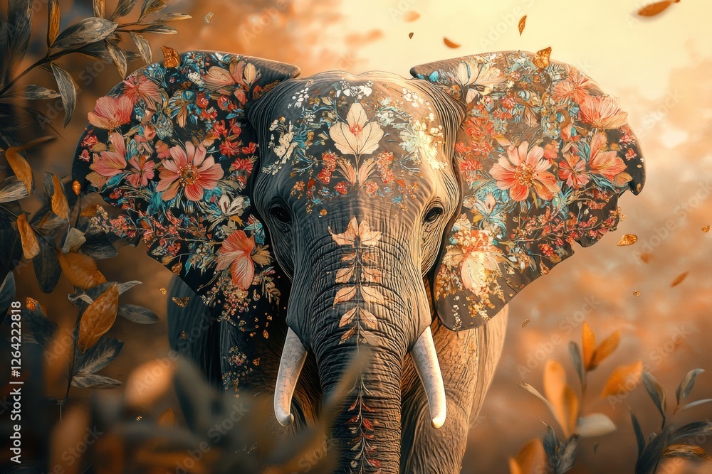 Aufkleber majestic elephant with floral patterns standing among autumn leaves in a serene forest setting at go