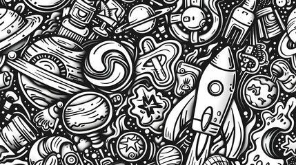 A vibrant black and white doodle illustration featuring rockets, planets, and space themes in a whimsical design