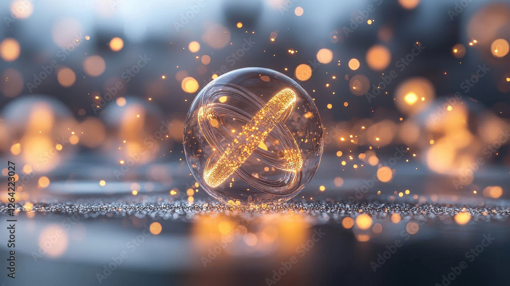 Poster glowing atom nucleus with swirling electrons and sparkling particles creates mesmerizing visual effe